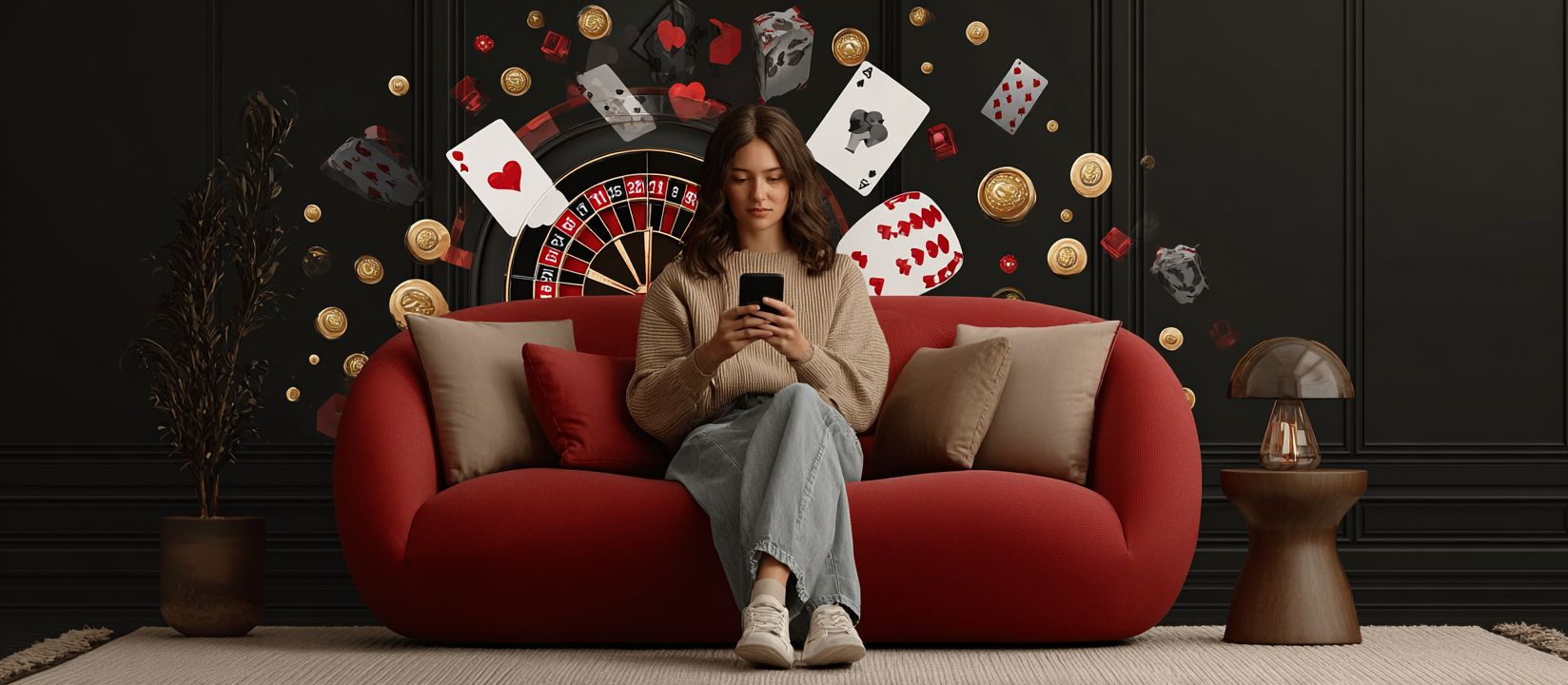 Woman sitting on a red sofa using a smartphone with roulette wheel, cards, dice and golden coins around, symbolizing 88FD mobile casino app 