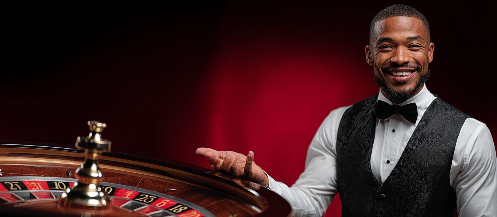 Smiling croupier in a tuxedo standing by roulette table, welcoming players to live casino at 88FD