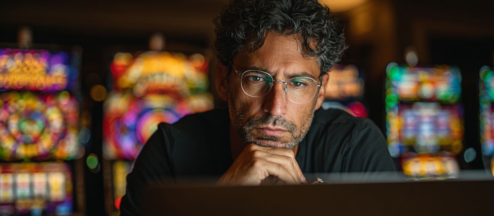 Play exciting online games now at 88FD Focused man with glasses playing on a laptop surrounded by colorful slot machines, highlighting immersive online casino games at 88FD