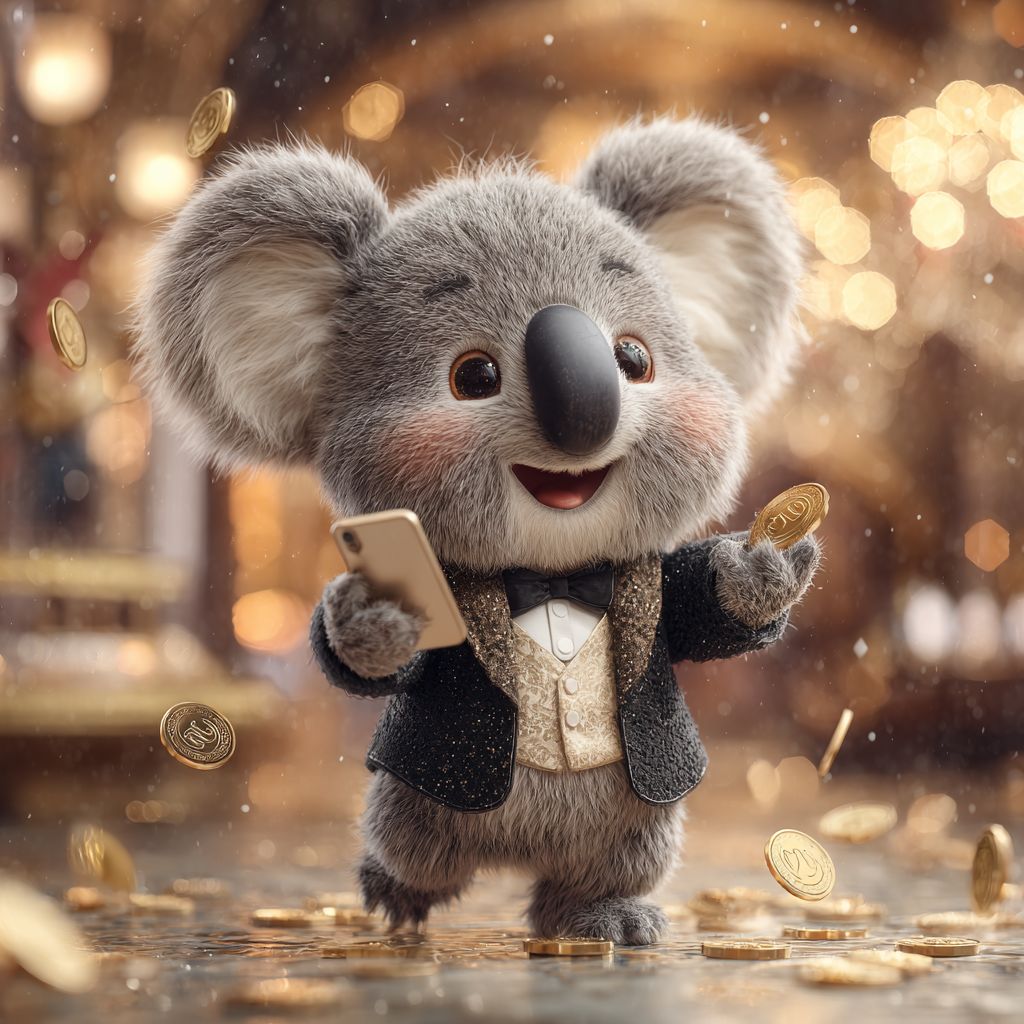 Cute koala mascot in an elegant suit holding a smartphone with golden coins around, symbolizing mobile casino gaming at 88FD