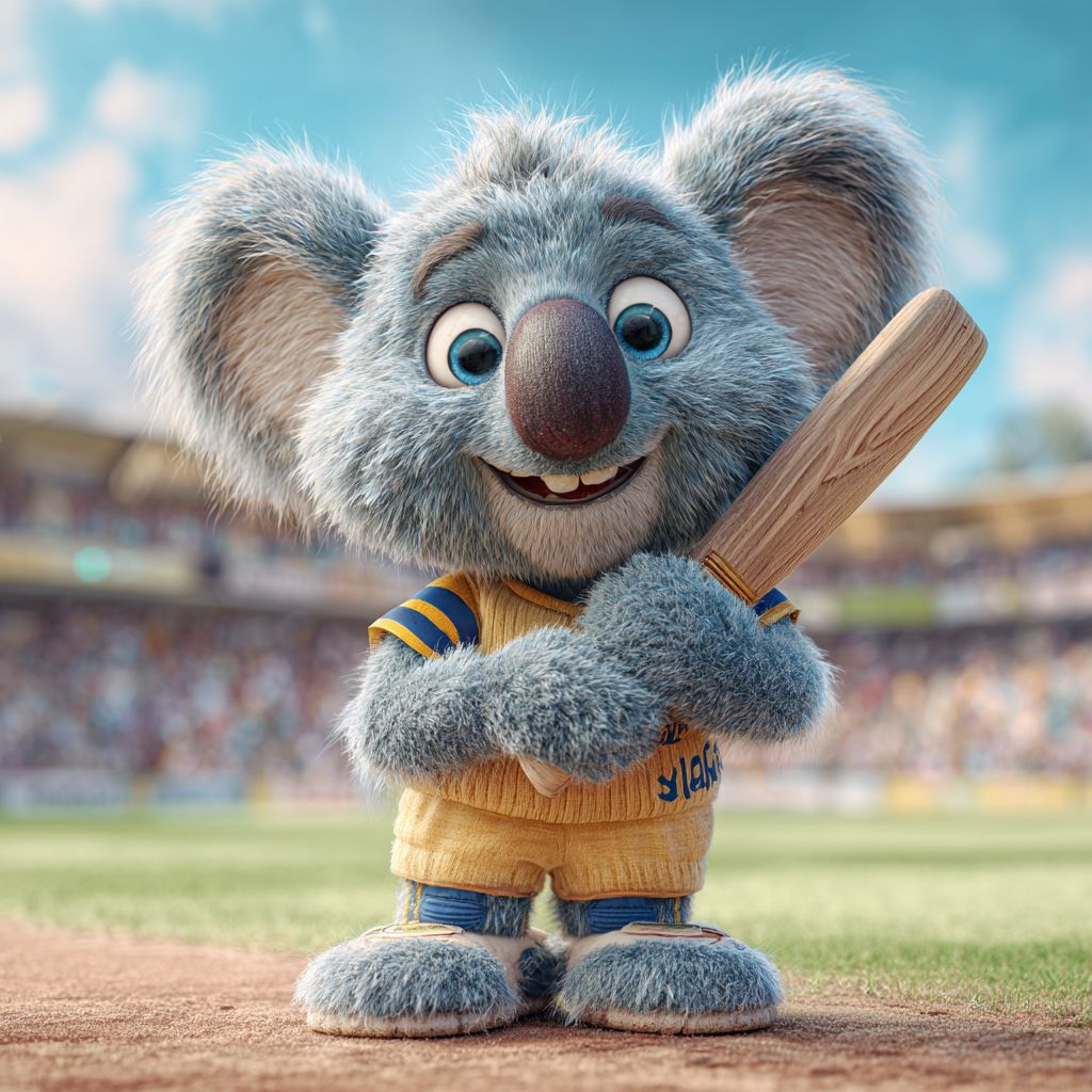 Cheerful koala mascot in sports uniform holding a cricket bat on the field, representing sports betting at 88FD