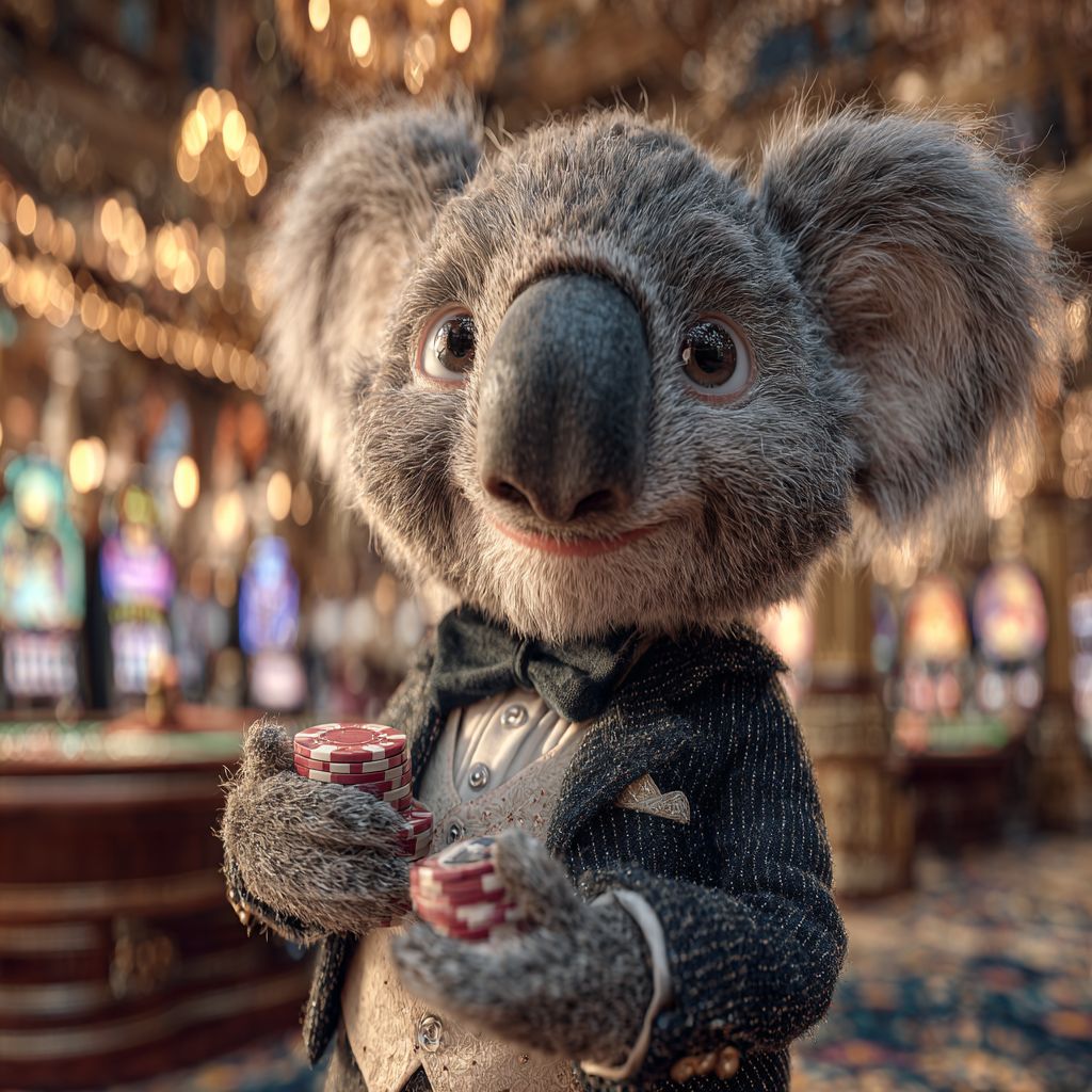 Koala mascot in a tuxedo holding poker chips inside a luxurious casino hall, highlighting live casino experience at 88FD