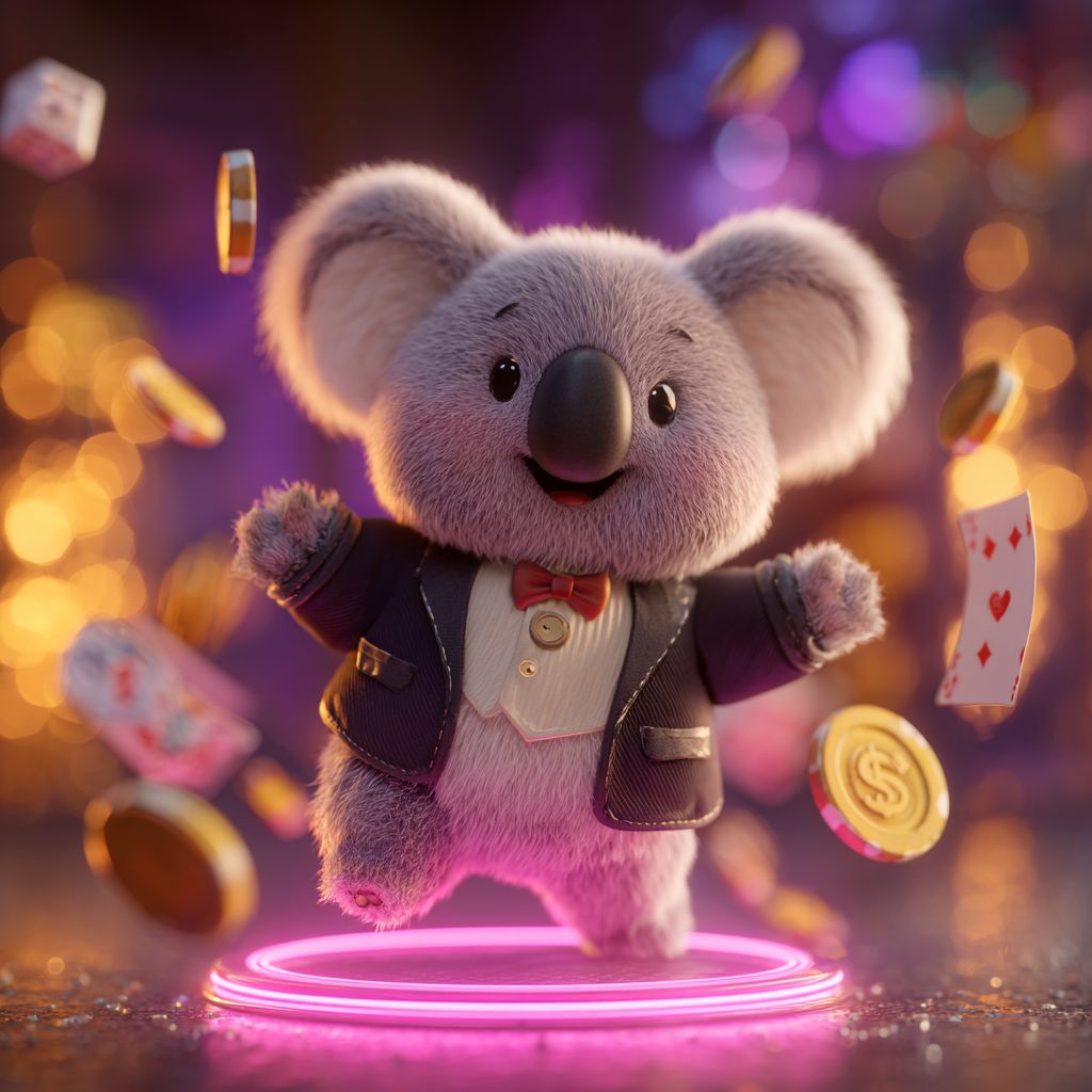 Discover the best online games at 88FD Happy koala mascot in a stylish outfit surrounded by playing cards, coins and dice, symbolizing exciting casino games at 88FD