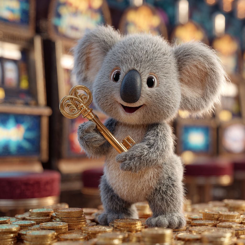 Log in to 88FD and unlock your rewards Smiling koala mascot holding a golden key while standing on coins with slot machines in the background, representing secure login and rewards at 88FD