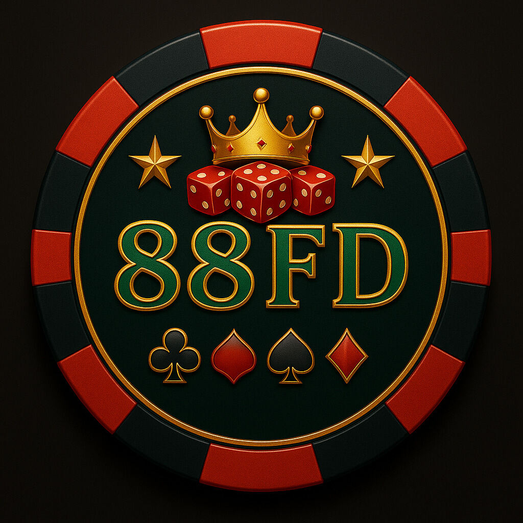 Join 88FD Casino and start winning today 88FD Casino logo on a poker chip with golden crown, dice, stars and card suits, symbolizing premium online gaming and betting