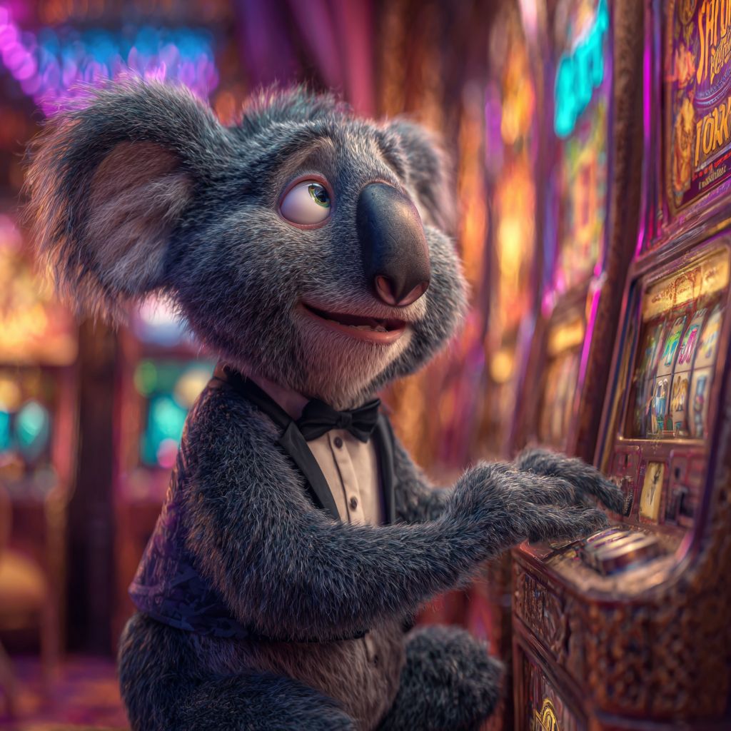 Koala mascot in a tuxedo enjoying slot machines inside a vibrant casino, showcasing slot gaming fun at 88FD