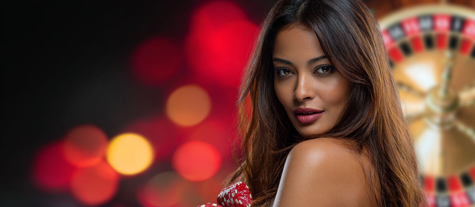 Play live roulette and win big at 88FD Casino Beautiful woman with long hair holding casino chips in front of a roulette wheel, symbolizing glamour and excitement at 88FD Casino