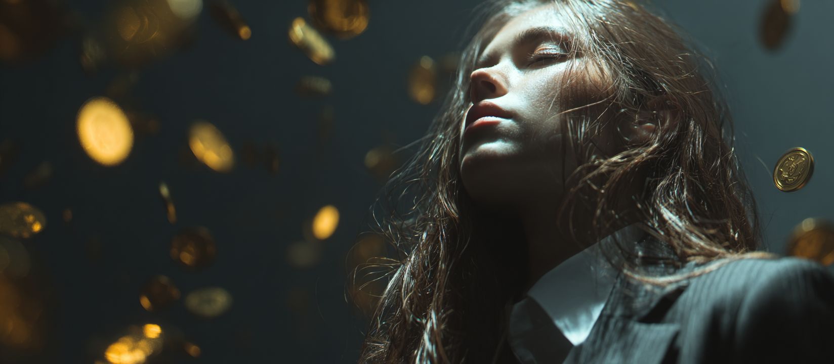 Join 88FD Casino today and claim your winnings Elegant woman in a suit enjoying golden coins falling around her, representing luxury and big wins at 88FD Casino