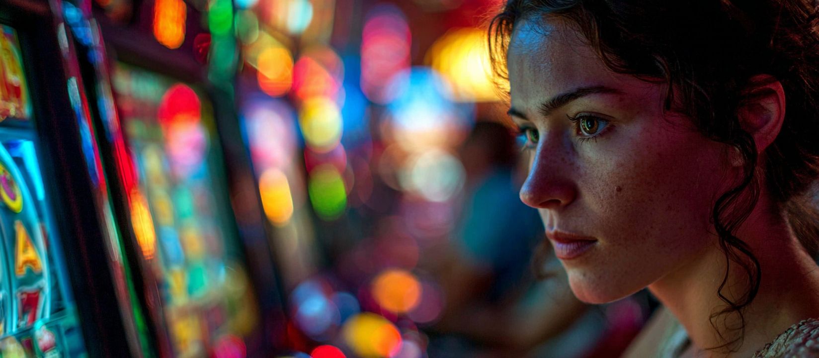Young woman intensely watching slot machines with colorful neon lights, symbolizing thrilling slot experience at 88FD