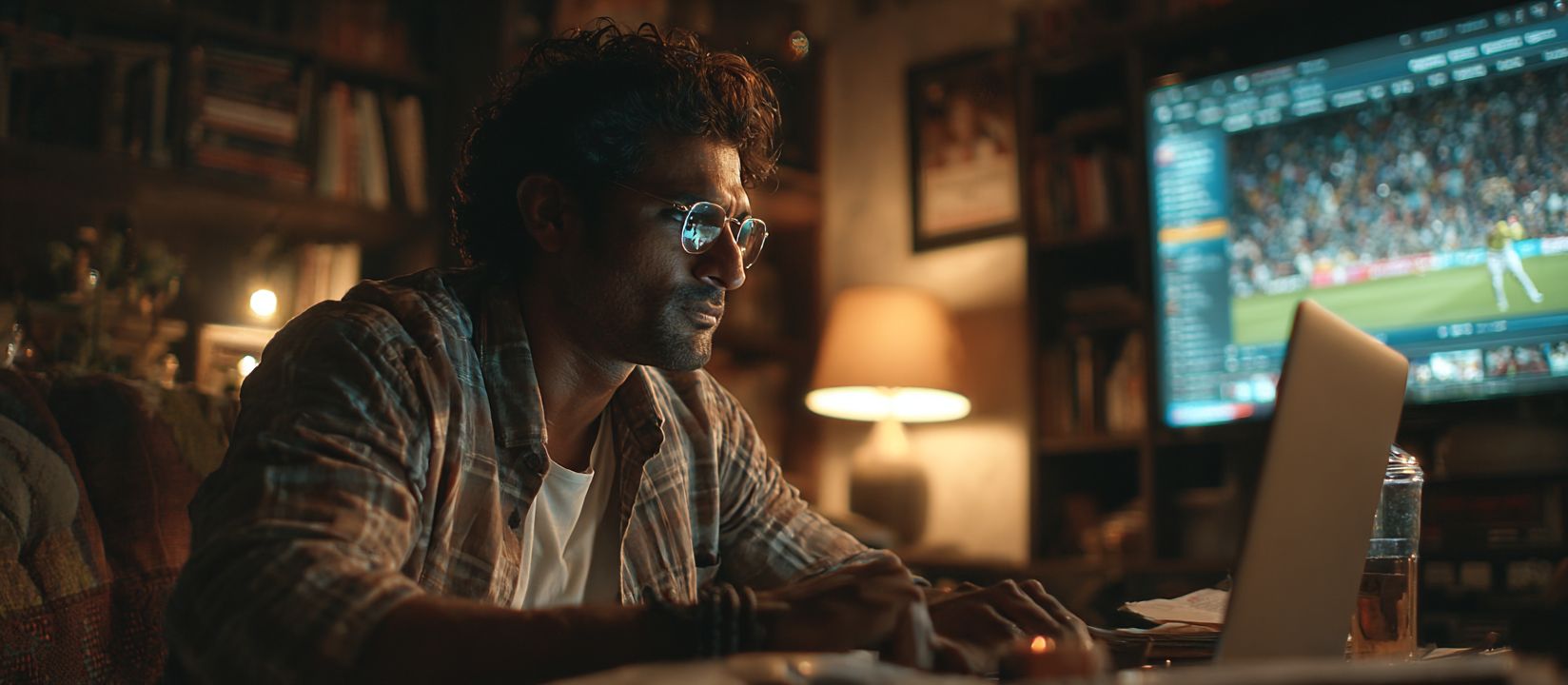 Man at home using laptop to place bets with a live sports match on screen, representing online sports betting at 88FD